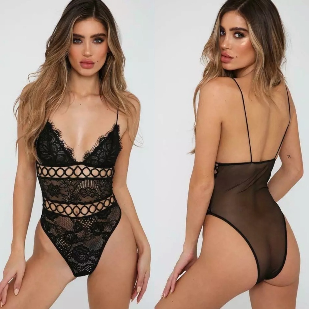 NWT Lace Cutout Embroidered Lingerie Bodysuit Stretch Sexy